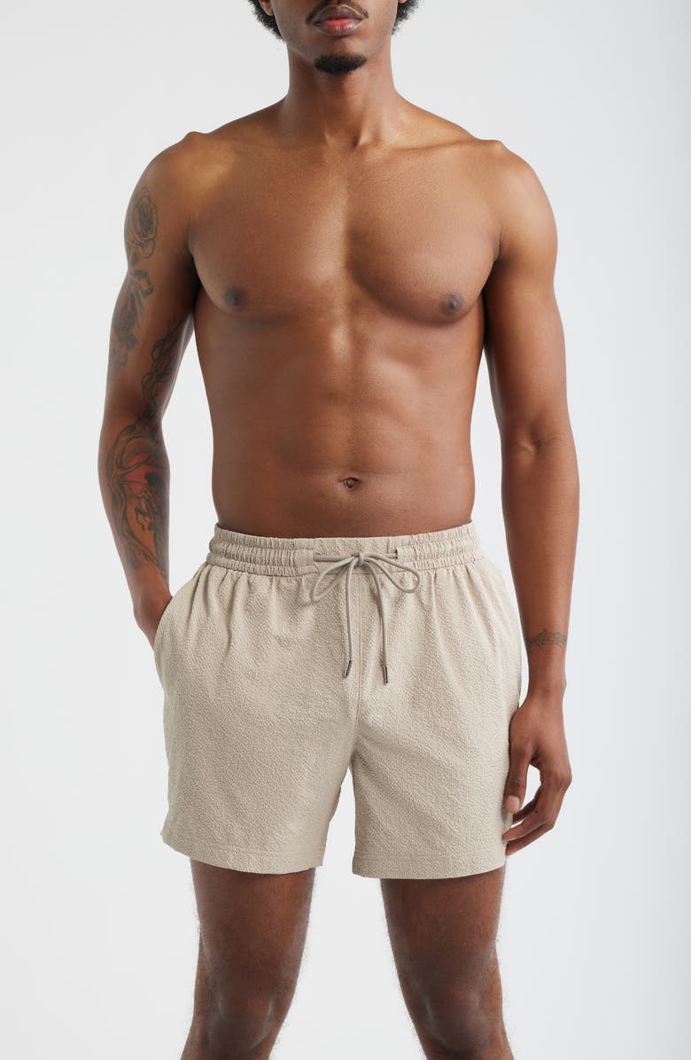 BOSS Relax Seersucker Swim Trunks, Main, color, Light Beige