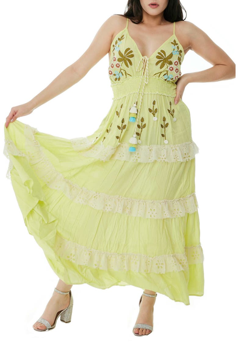 Embroidered Tie Neck Maxi Dress, Main, color, NEON GREEN