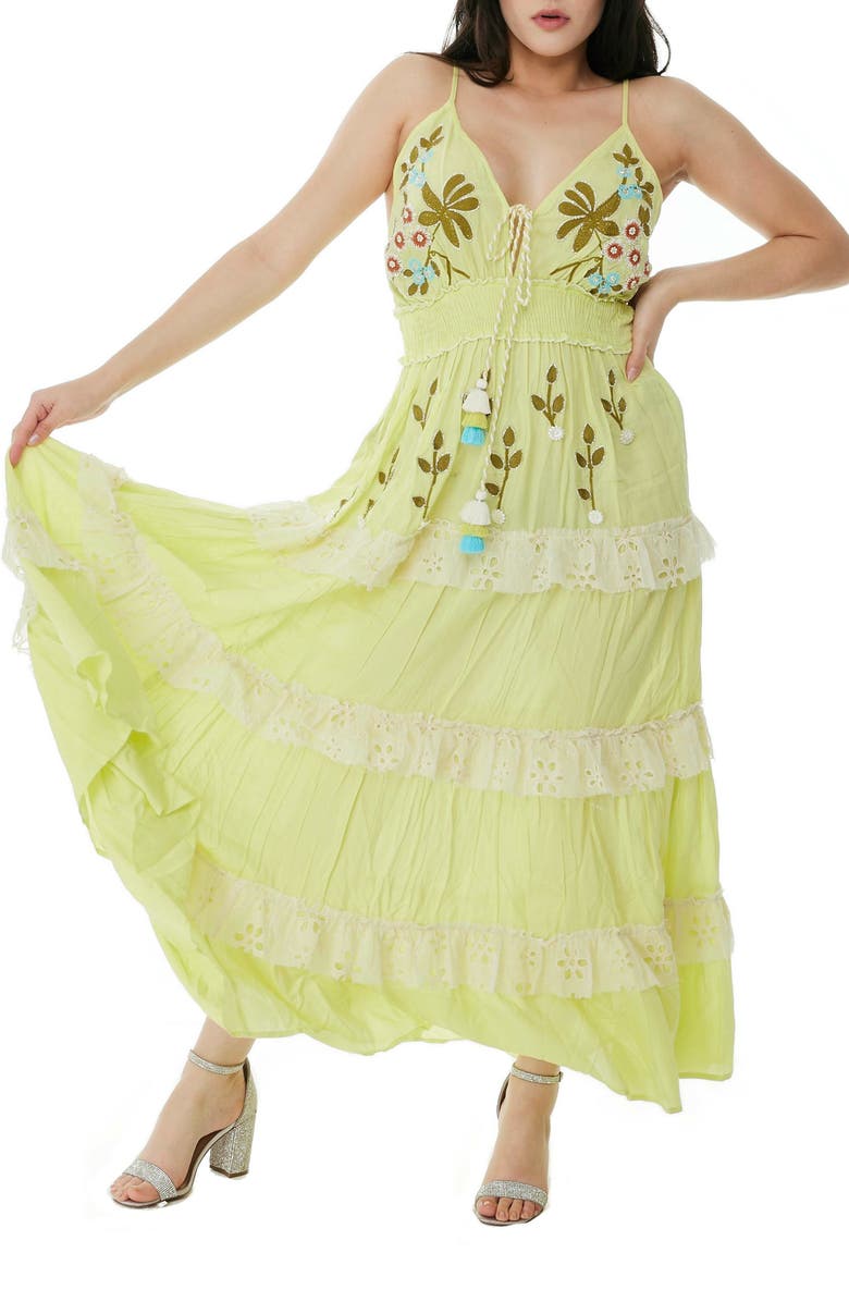RANEES Embroidered Tie Neck Maxi Dress, Main, color, Neon Green