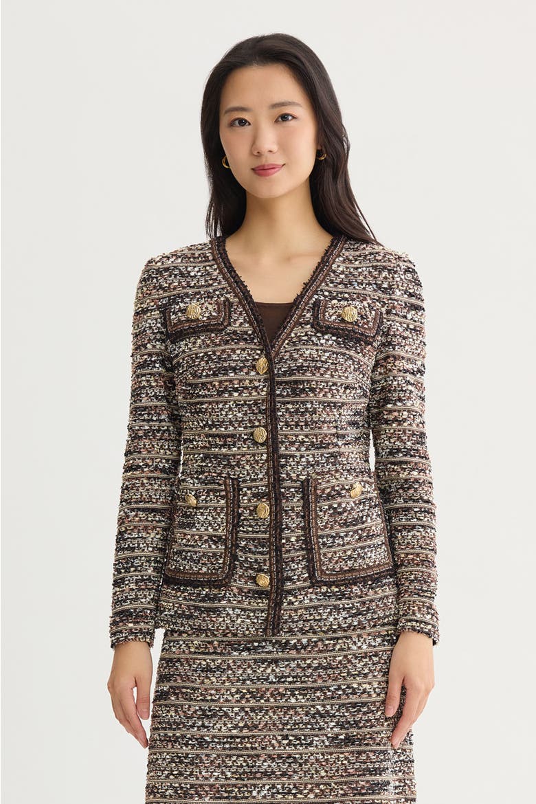 Eyelash Tweed Knit Jacket, Main, color, Warm Taupe/Dark Umber/Ivory