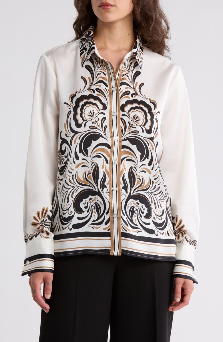 Ellen Tracy Placed Print Long Sleeve Button-Up Shirt, Main, color, Marshmallow/ Black Floral