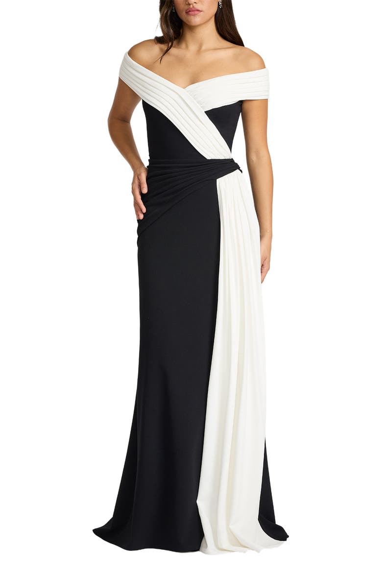 Off the Shoulder Draped Crepe Gown, Main, color, BLACK/ IVORY