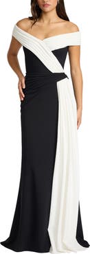 Tadashi Shoji Off the Shoulder Draped Crepe Gown