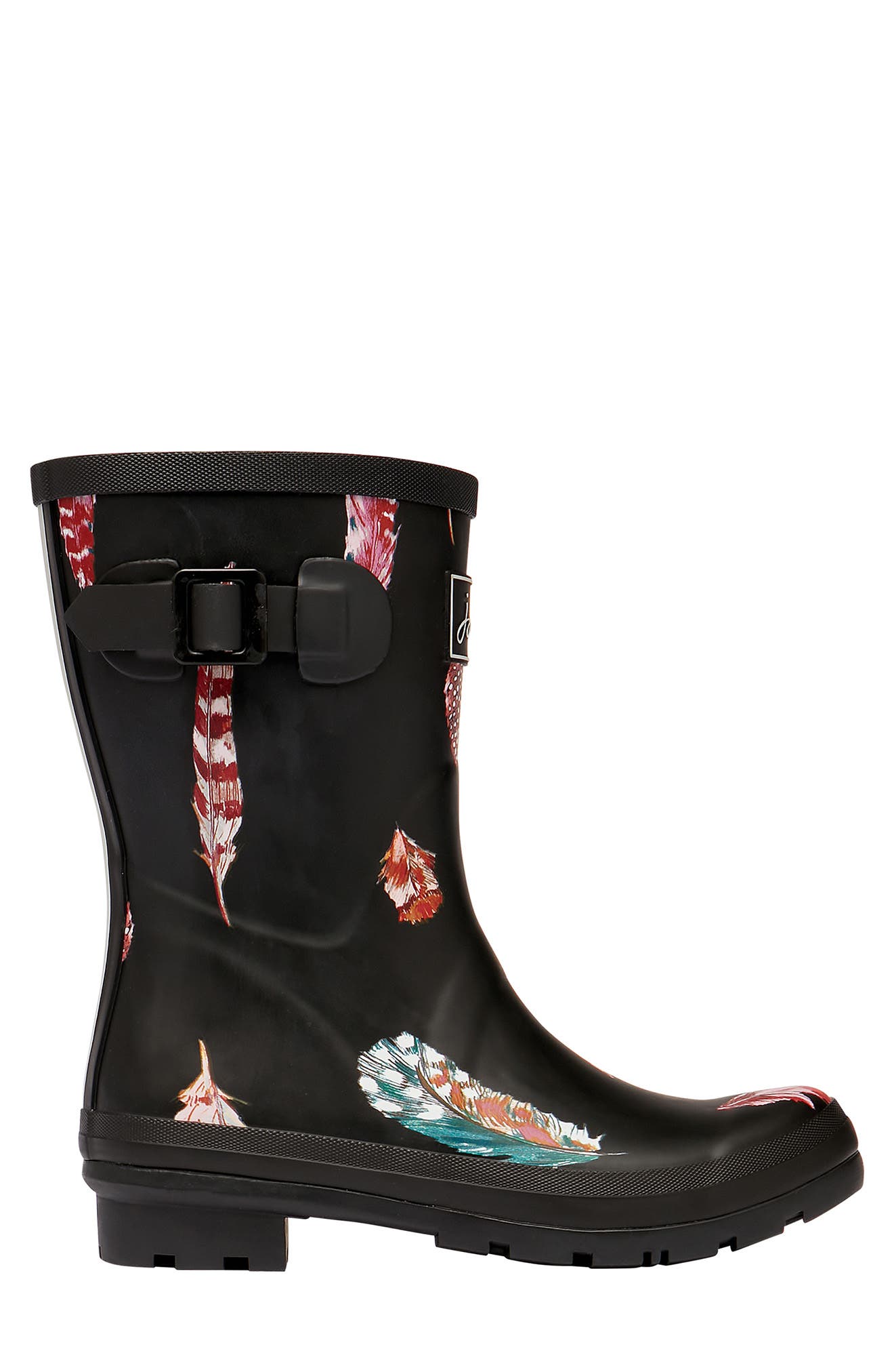 Print Molly Welly Rain Boot, Main, color, BLACK FEATHERS