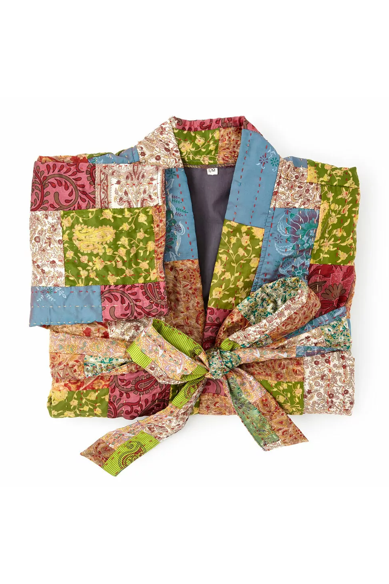 Repurposed Silk Sari Kantha Robe, Main, color, Multi