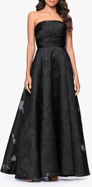 Betsy & Adam Floral Brocade Strapless Gown