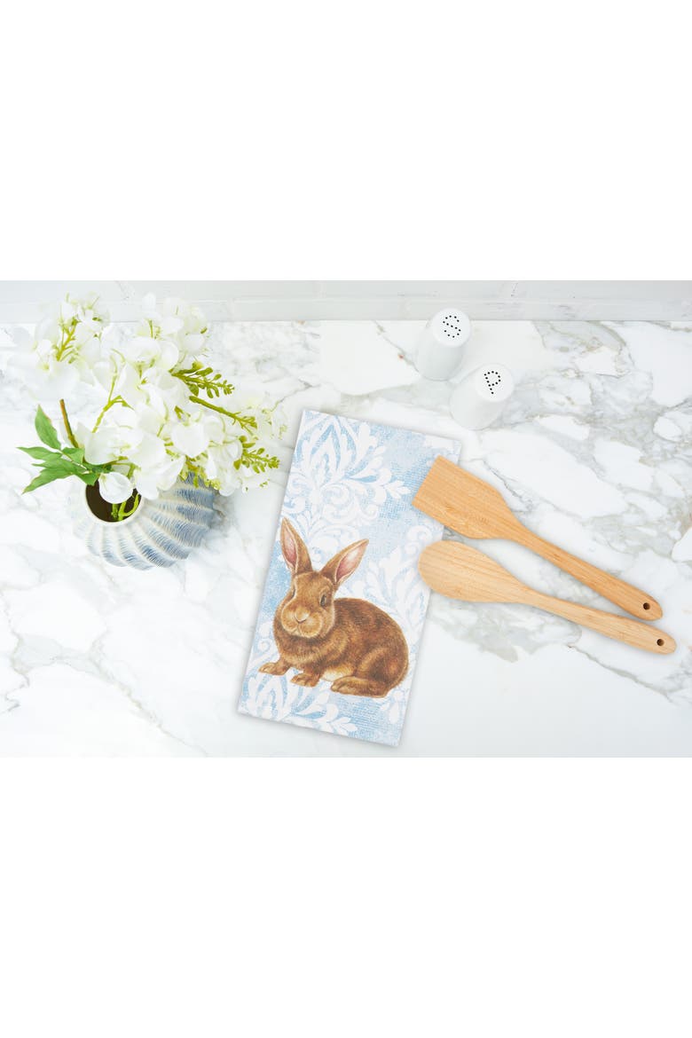 Damask Blue Easter Bunny Rabbit Cotton Kitchen Dishtowel, Alternate, color, Blue