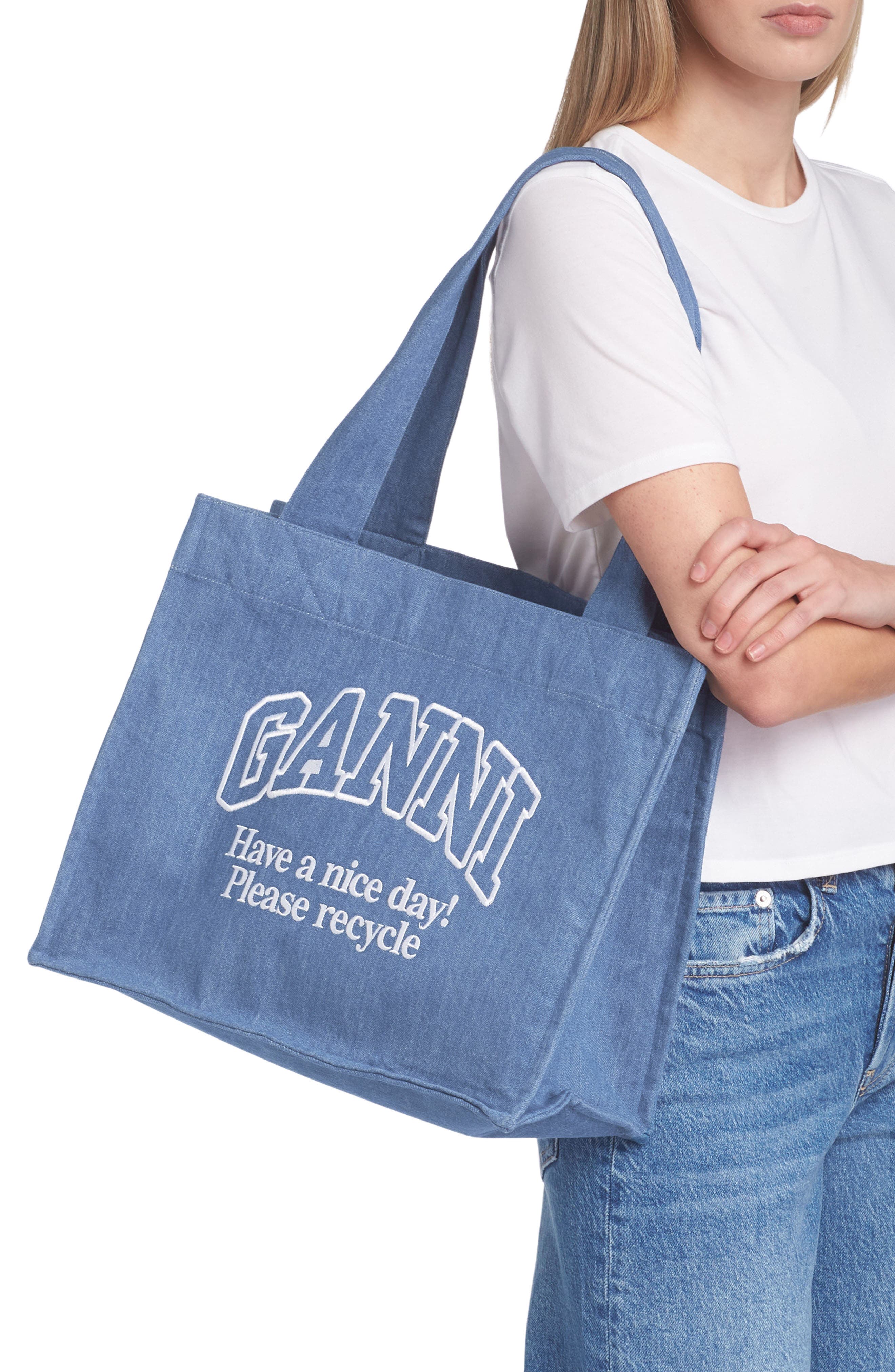 Ganni Large Easy Denim Shopper Bag, Alternate, color, 