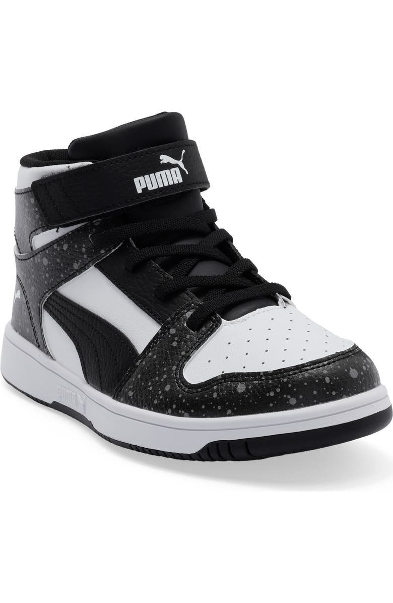 PUMA Kids' Rebound Layup Splatter High Top Sneaker, Main, color, Puma Black/ Puma White/ Gray