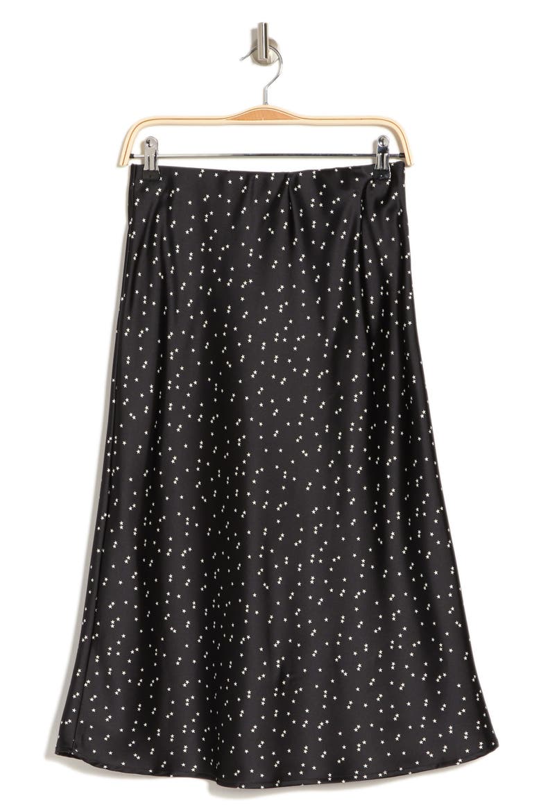 Star Print Satin Midi Skirt, Alternate, color, BLACK