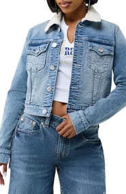 True Religion Jesse Cropped Faux Shearling Collar Denim Jacket