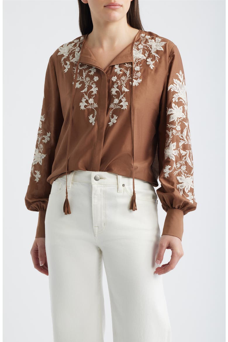 Franki Embroidered Cotton & Silk Top, Main, color, CACAO
