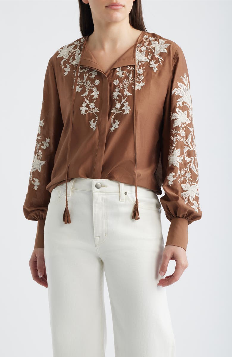 KOBI HALPERIN Franki Embroidered Cotton & Silk Top, Main, color, Cacao