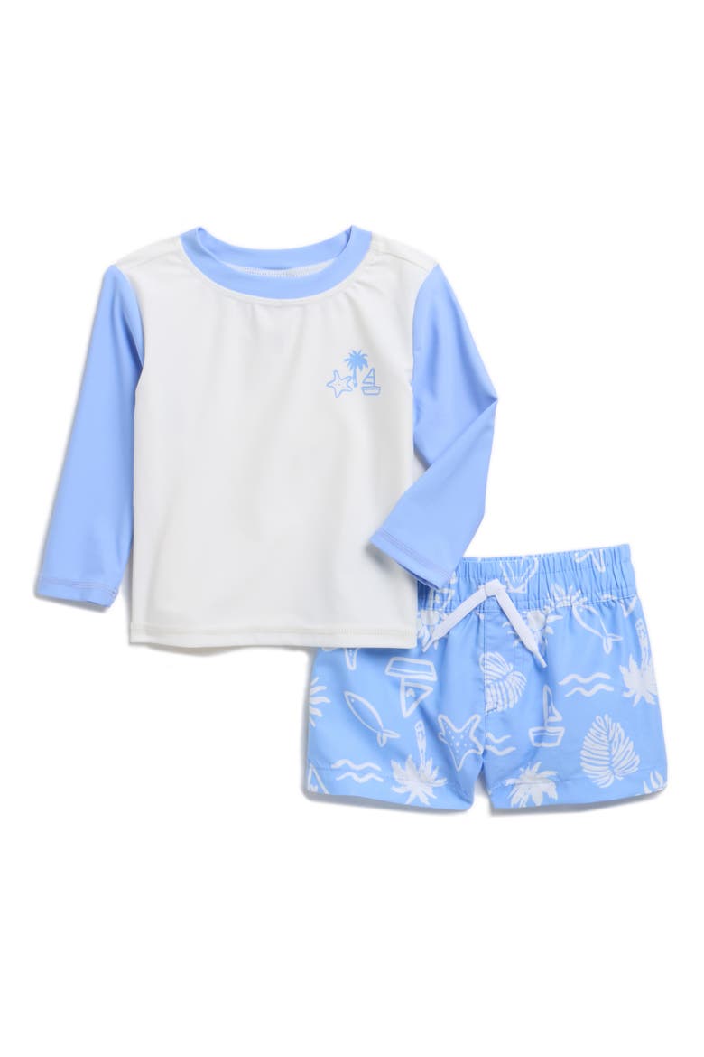 Seaside Long Sleeve Rashguard & Swim Trunks Set, Main, color, SAILING AWAY