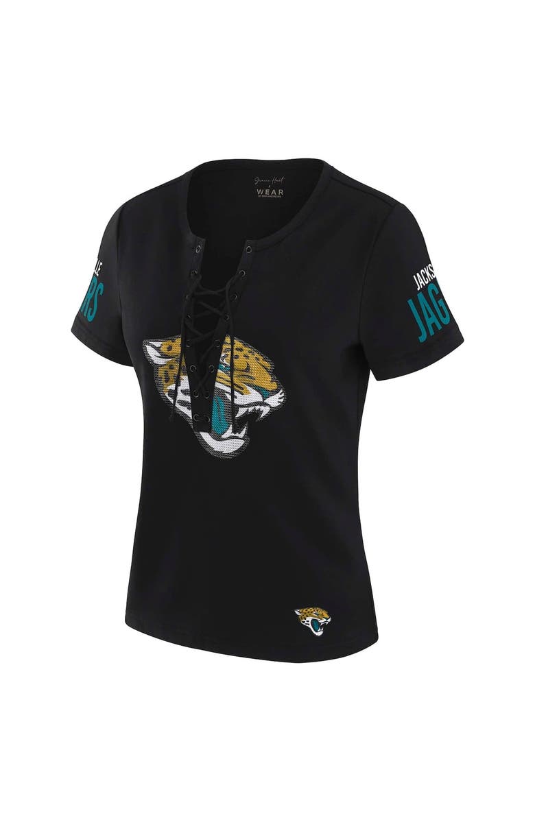 WEAR by Erin Andrews Women's WEAR by Erin Andrews x Gracie Hunt Black Jacksonville Jaguars Draft Me Lace-Up T-Shirt, Alternate, color, 