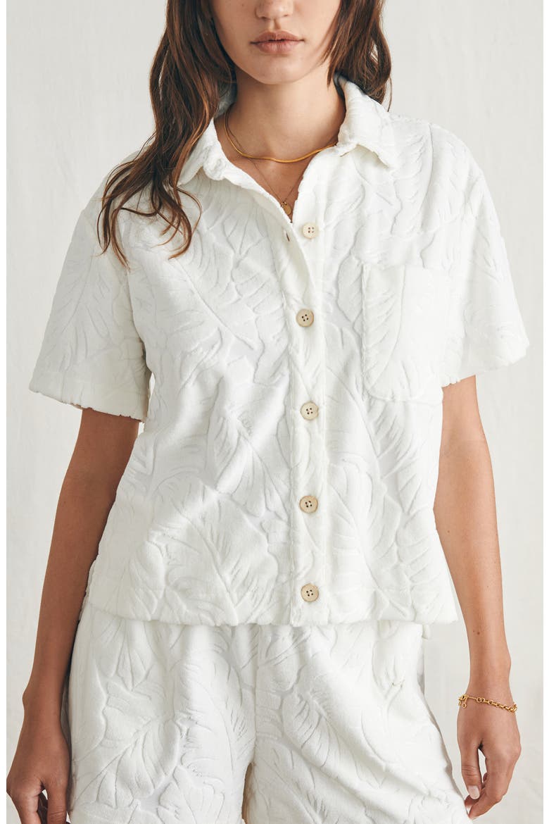 Cabana Leaf Jacquard French Terry Button-Up Shirt, Alternate, color, TROPIC FERN