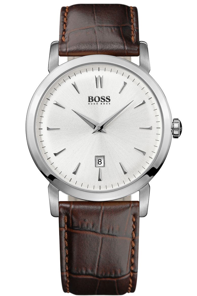 HUGO BOSS Round Leather Strap Watch, 40mm, Main, color, SILVER/ BROWN