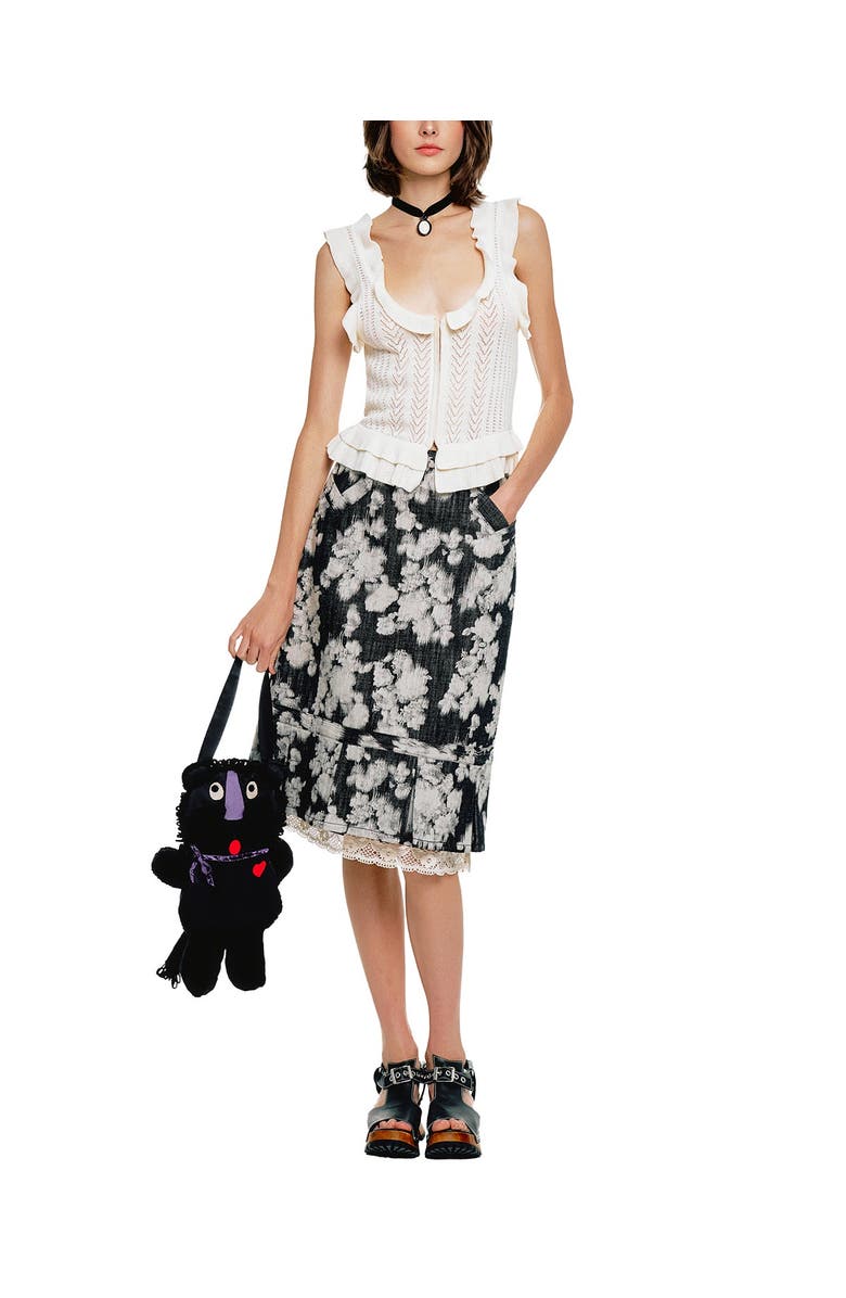 Anna Sui Rose Illusion Denim Lace Trimmed Skirt, Alternate, color, Black