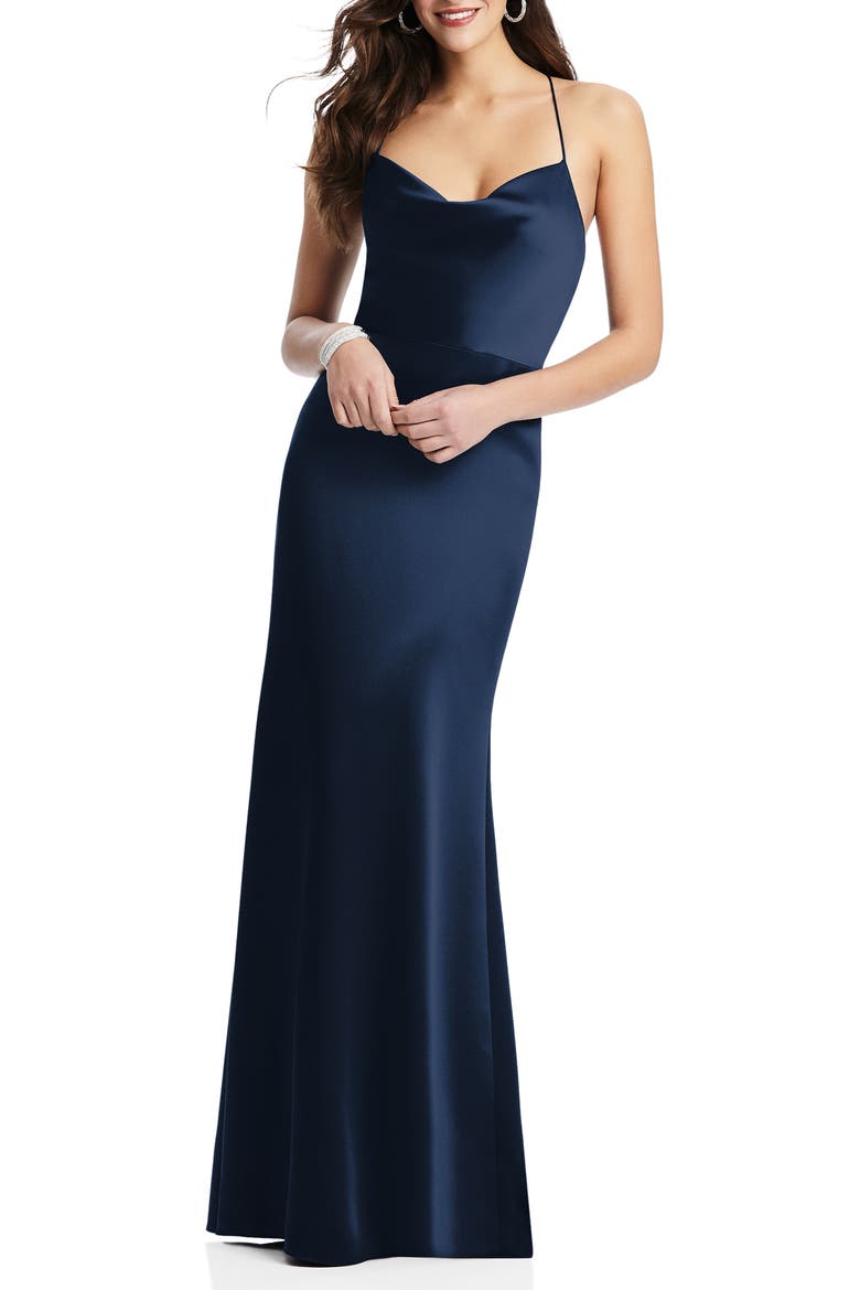 Dessy Colleciton Cowl Neck Charmeuse Trumpet Gown, Main, color, MIDNIGHT