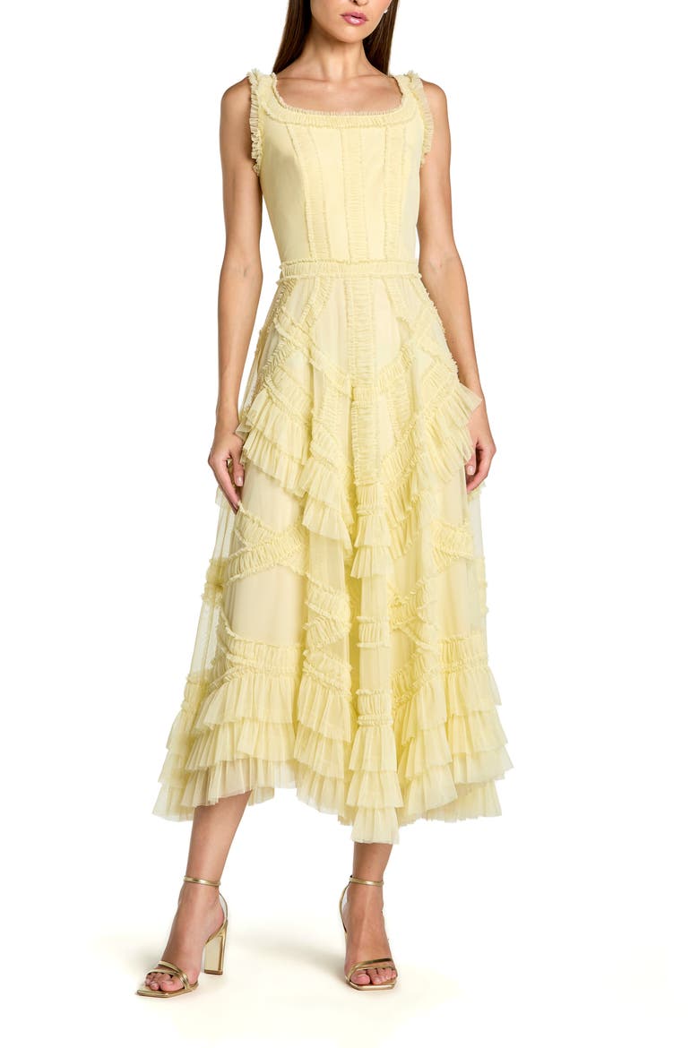 Scoop Neck Sleeveless Mesh Micro Ruffle Midi Dress, Main, color, Buttercup