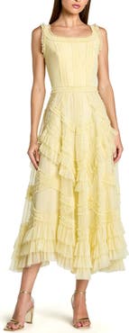 Mac Duggal Scoop Neck Sleeveless Mesh Micro Ruffle Midi Dress
