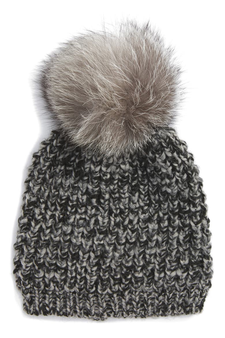 Genuine Fox Pompom Hat, Main, color, MARLED GREY