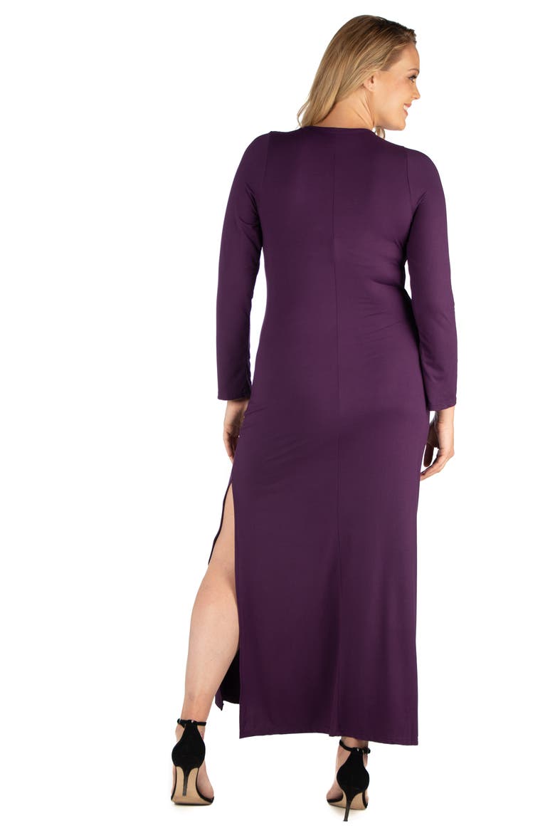 Plus Size Long Sleeve Side Slit Fitted Black  Maxi Dress, Alternate, color, Purple