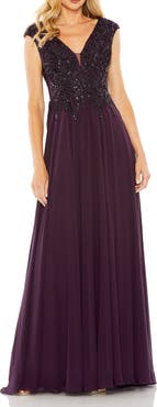 Mac Duggal Applique And Jeweled Encrusted Cap Sleeve Chiffon Gown