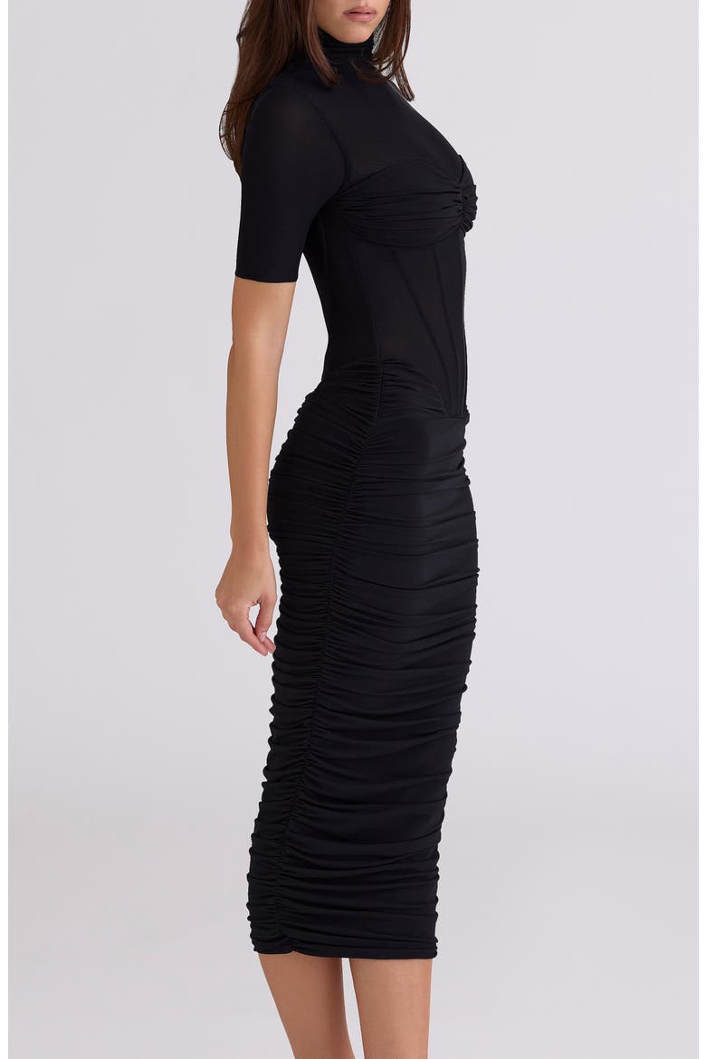 Sorrel Corset Stretch Mesh Midi Dress, Alternate, color, BLACK