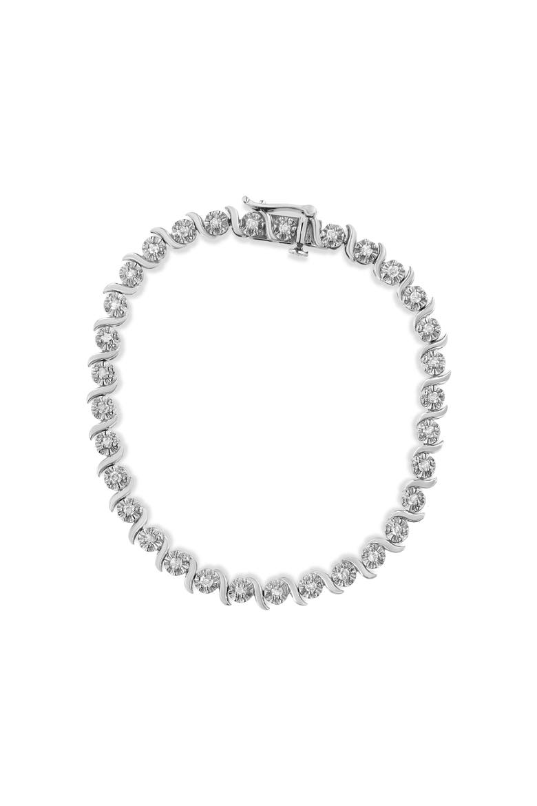 Silver 1.0 Cttw Diamond Spiral Wave Curved-Link Tennis Bracelet, Alternate, color, White