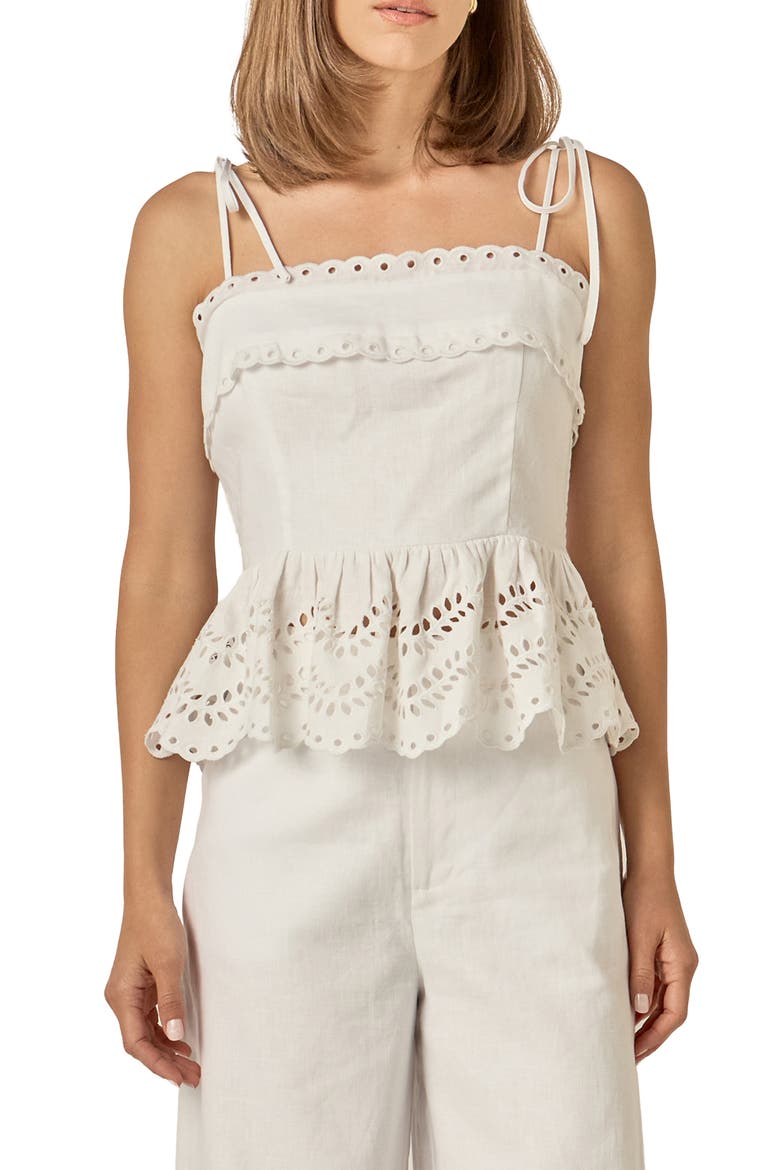 Eyelet Tie Shoulder Linen Peplum Top, Main, color, OFF WHITE