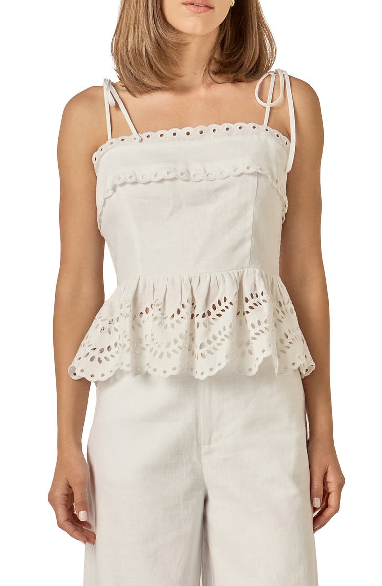 English Factory Eyelet Tie Shoulder Linen Peplum Top, Main, color, Off White