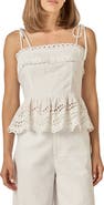 English Factory Eyelet Tie Shoulder Linen Peplum Top