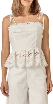 English Factory Eyelet Tie Shoulder Linen Peplum Top