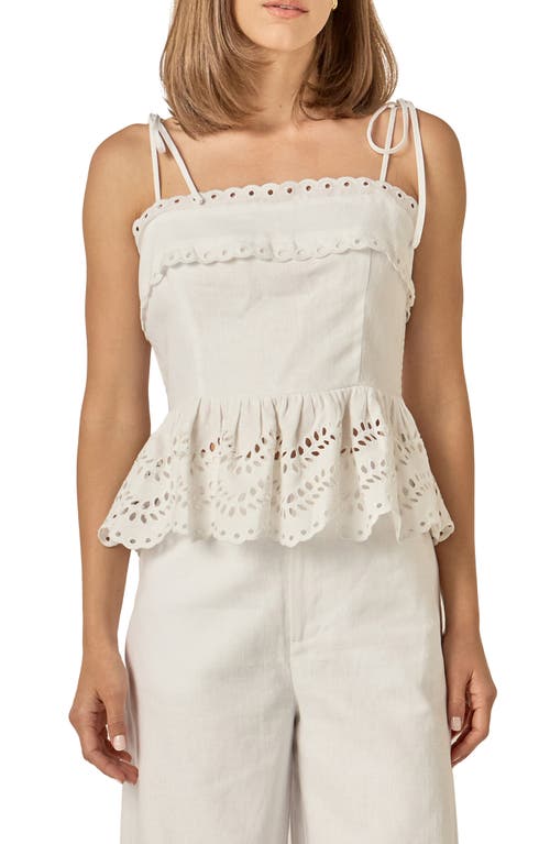 English Factory Eyelet Tie Shoulder Linen Peplum Top in Off White at Nordstrom, Size X-Small