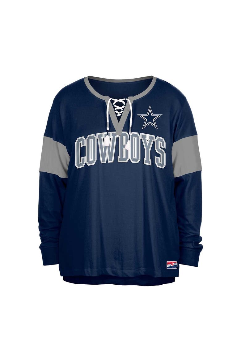 Women's New Era Navy Dallas Cowboys Plus Size Lace-Up Notch Neck Long Sleeve T-Shirt, Alternate, color, Navy