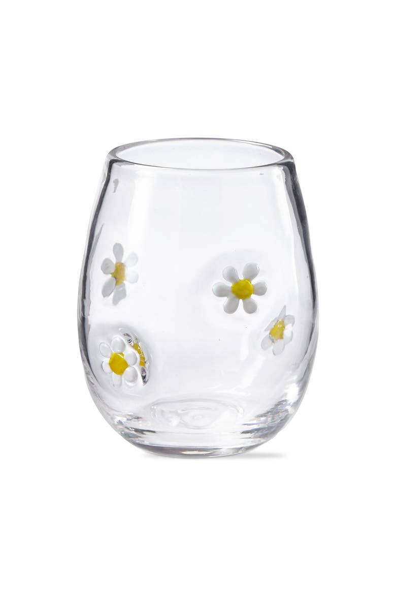 Clear Glass Stemless Wine Glass with Yellow White Daisies, Main, color, White