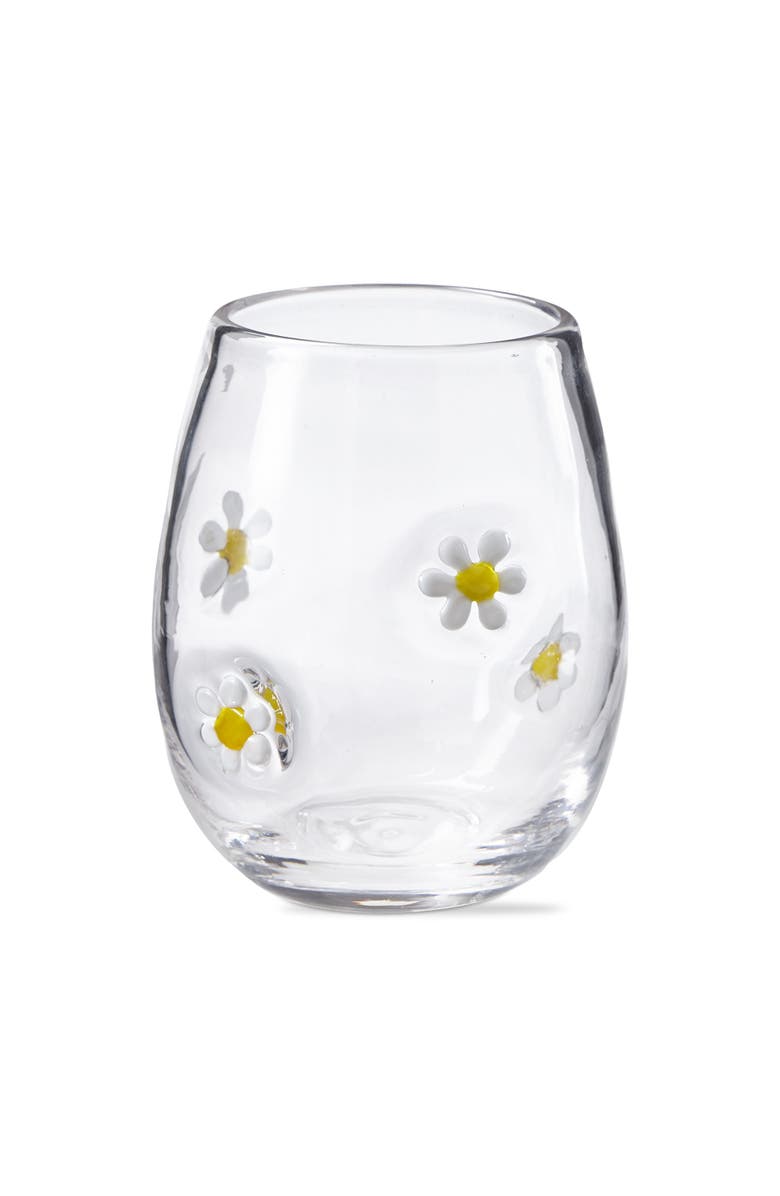 tag Clear Glass Stemless Wine Glass with Yellow White Daisies, Main, color, White