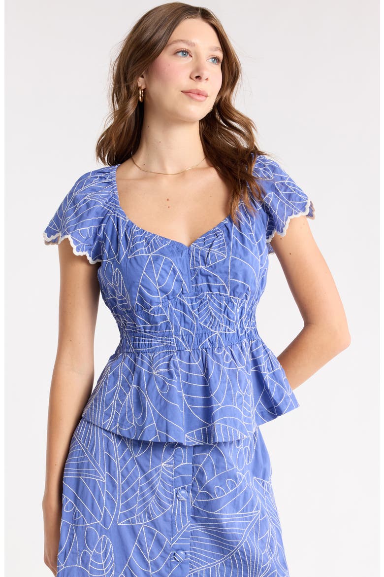 Short Sleeve Smocked Waist Top, Main, color, BLUE-WHITE LEAF EMBR