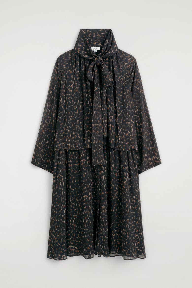 Leopard-Print Fluid Scarf-Detail Dress, Alternate, color, BROWN / LEOPARD PRINT