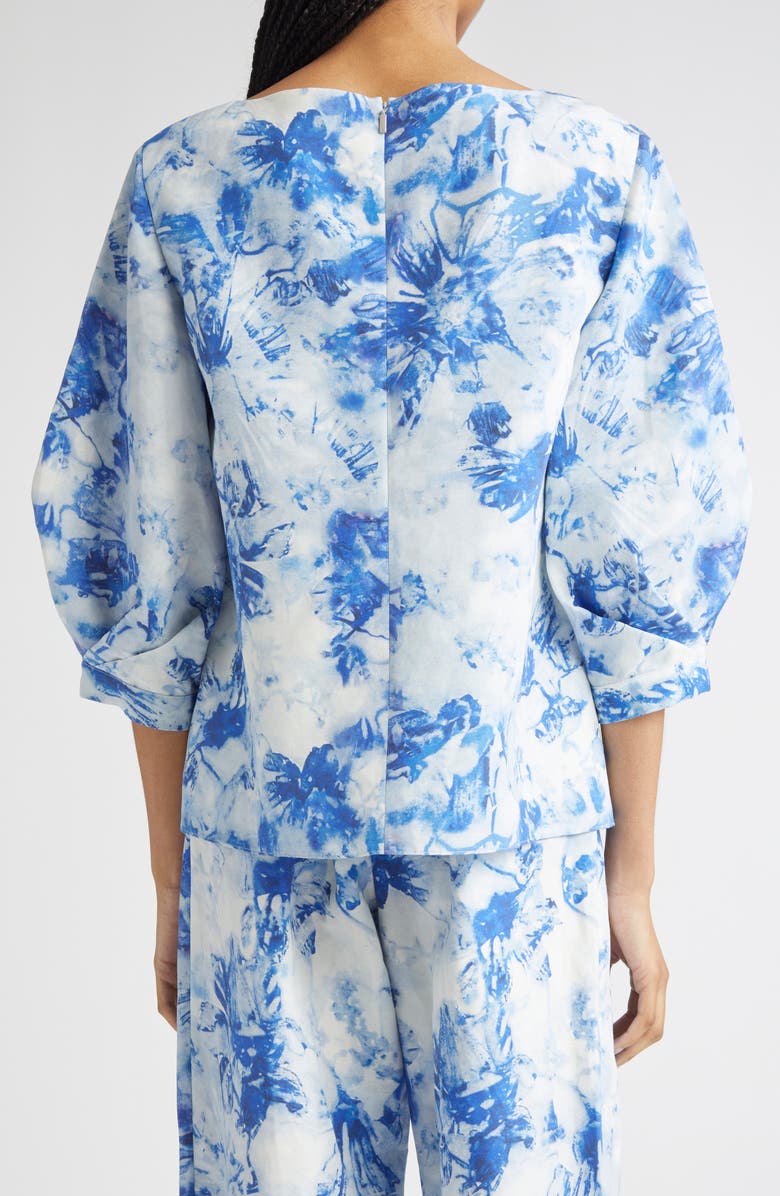 Lafayette 148 New York Floral Balloon Sleeve Silk & Linen Blouse, Alternate, color, Blue Oasis Multi