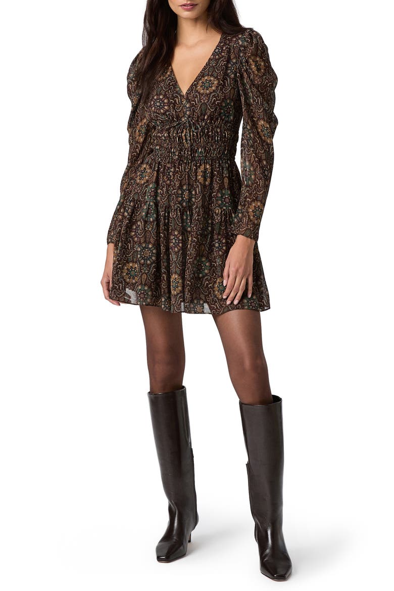 Aries Print Long Sleeves Silk Minidress, Main, color, DARK CHOCOLATE MULTI