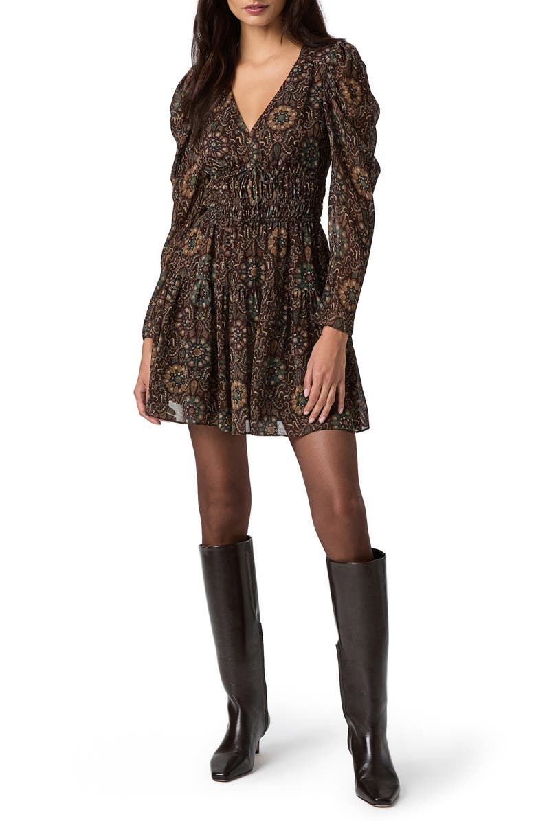 PAIGE Aries Print Long Sleeves Silk Minidress, Main, color, Dark Chocolate Multi