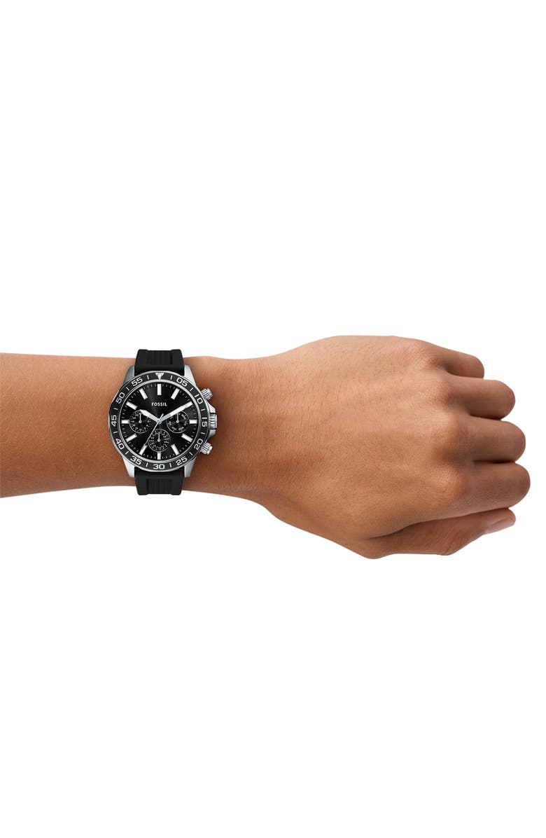 Fossil Bannon Multifunction Black Silicone Watch, Alternate, color, Silver
