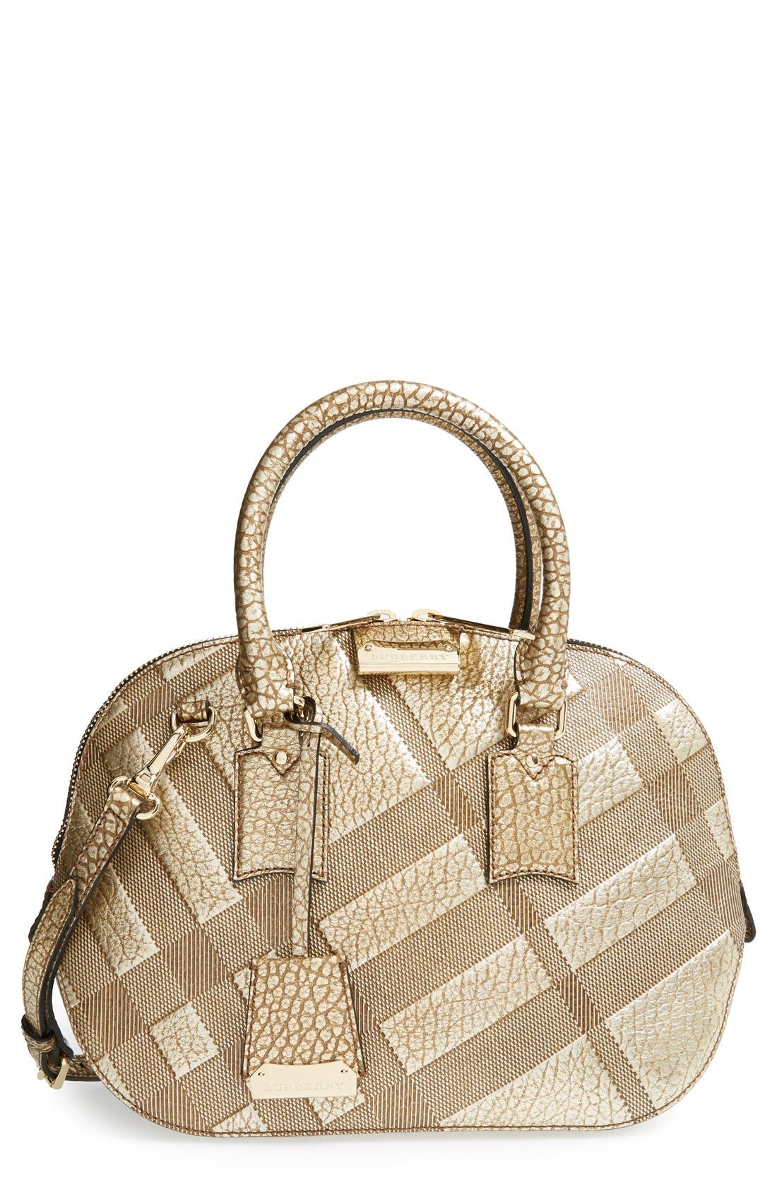 'Small Orchard' Embossed Check Leather Satchel, Main, color, GOLD