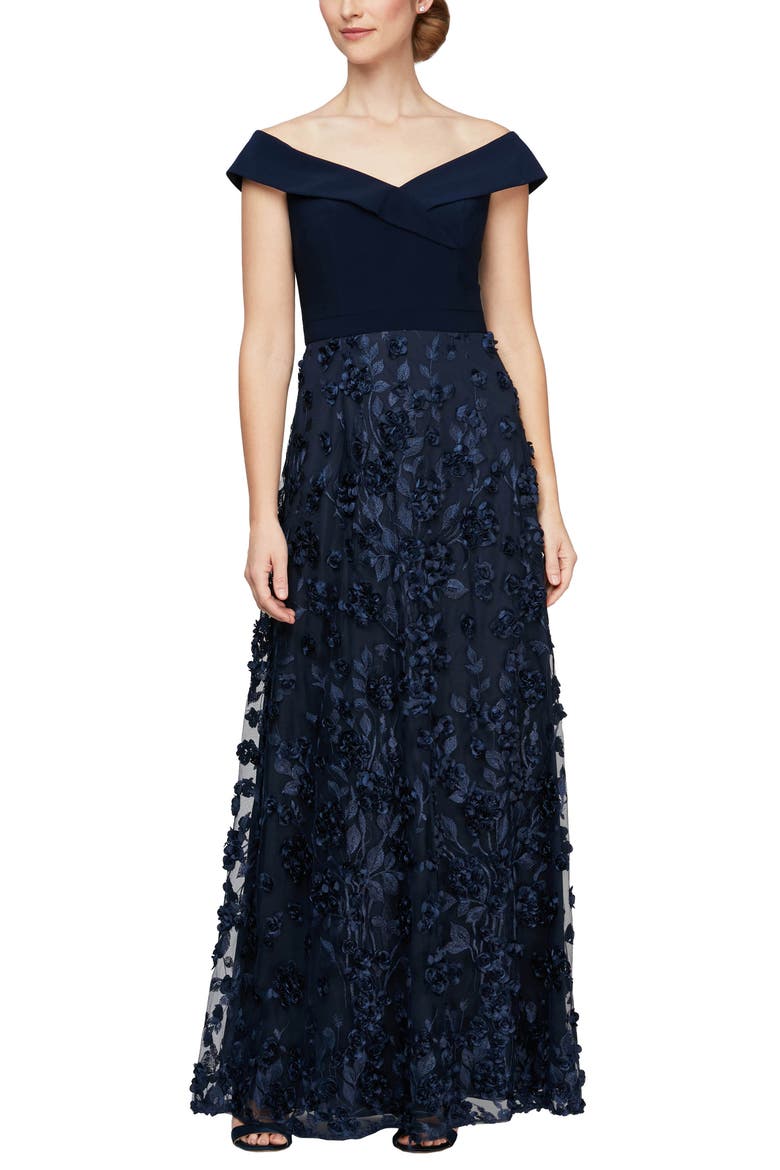 Mixed Media Off the Shoulder Gown, Main, color, NAVY