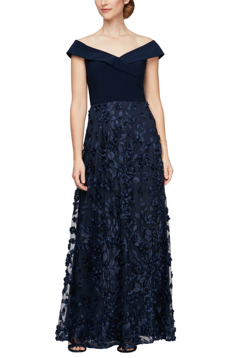 Alex Evenings Mixed Media Off the Shoulder Gown, Main, color,
