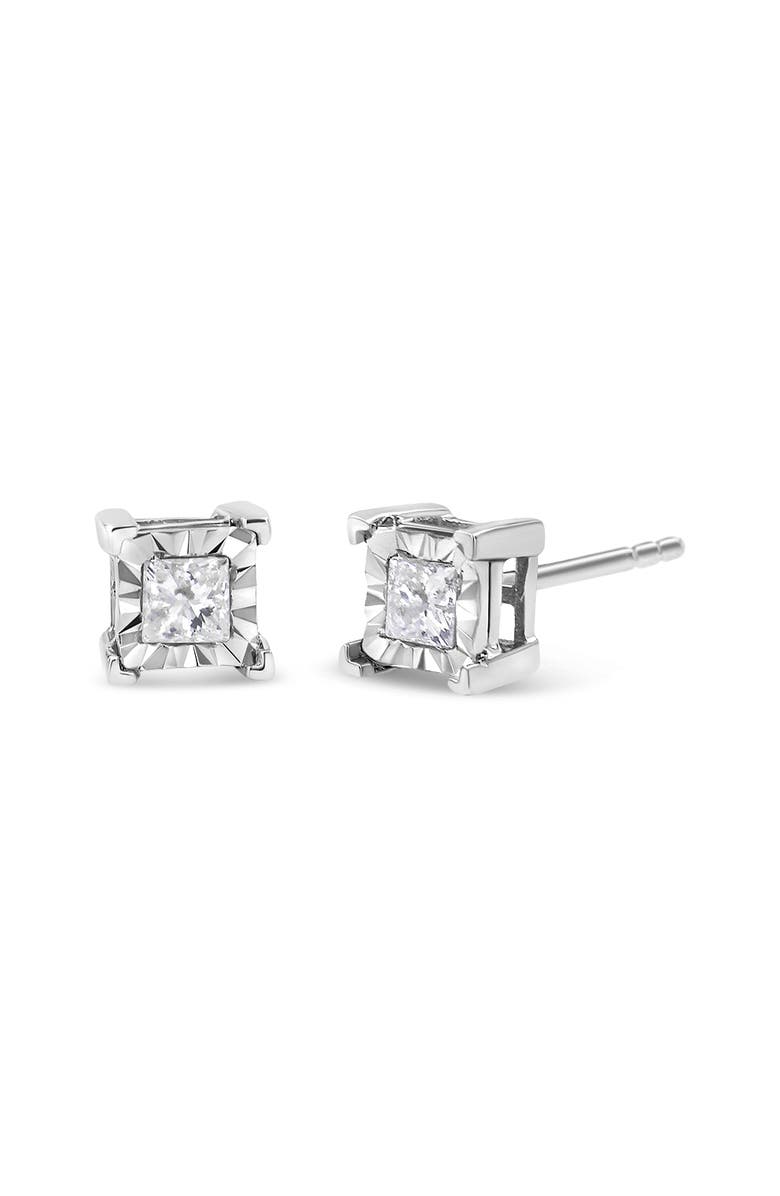 Haus of Brilliance Silver 1/2 Ct Diamond Miracle Princess Solitaire Stud Earrings, Main, color, White