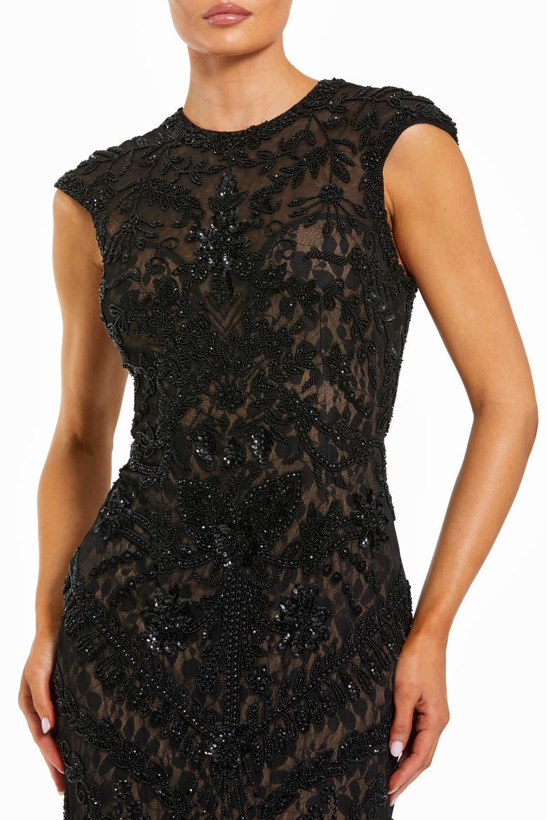 Petite Beaded Lace Mesh High-Neck Sleeveless Column Gown, Alternate, color, Black Nude