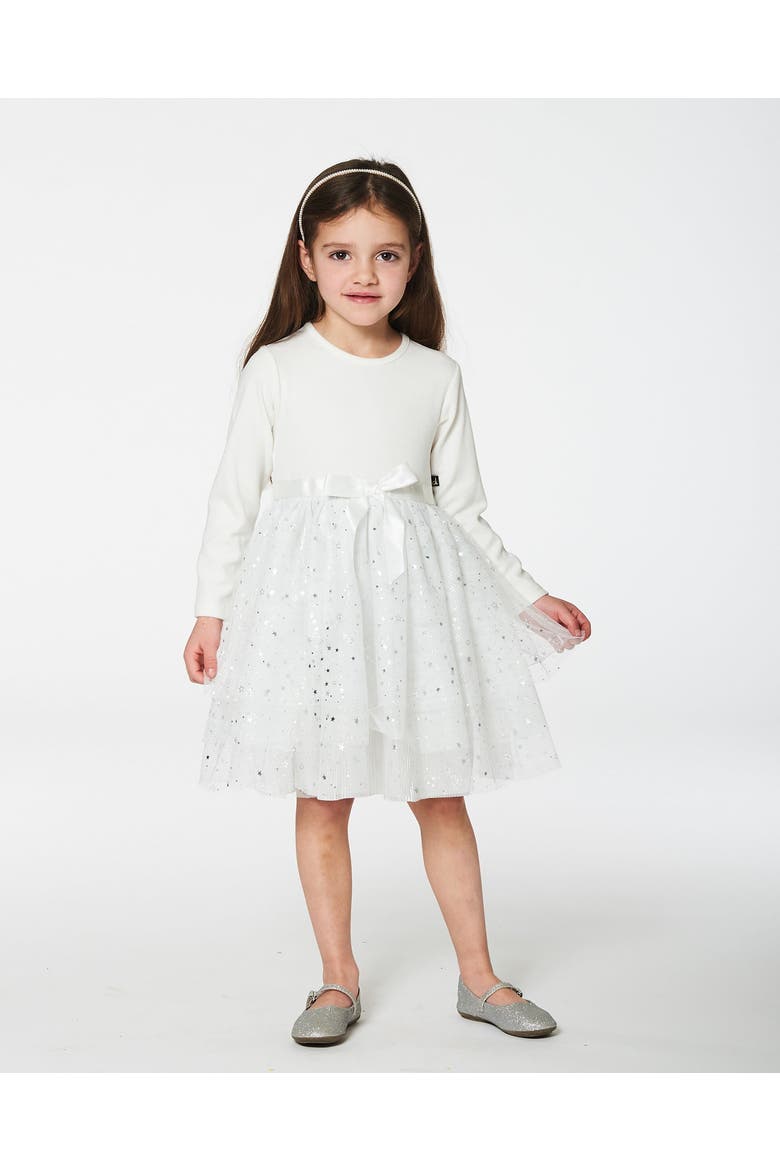 Baby Girl's Bi-Material Dress With Glittering Tulle Skirt Off White, Alternate, color, Off White